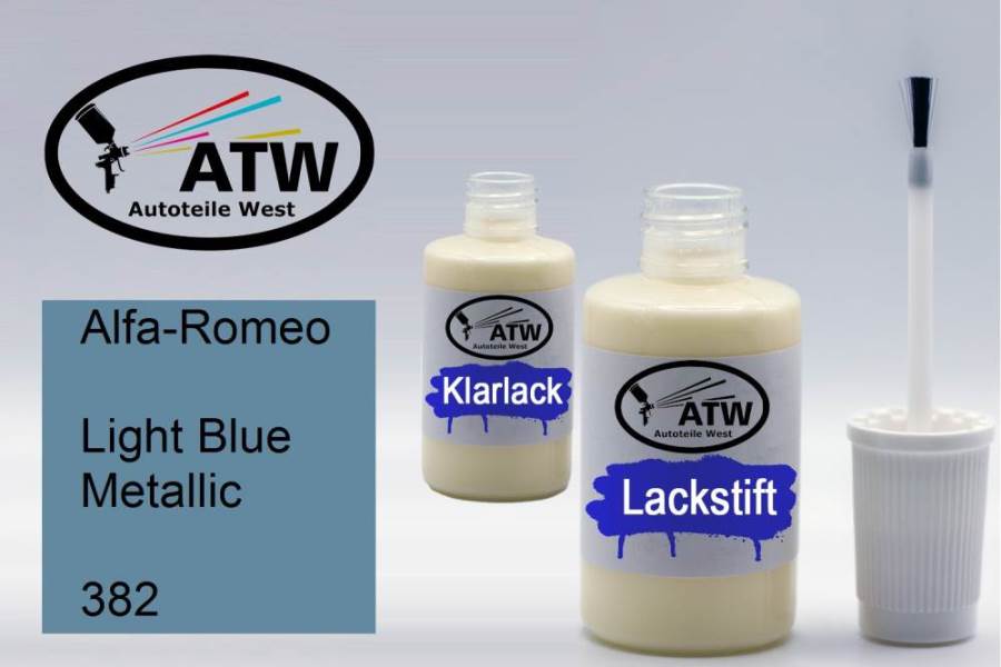 Alfa-Romeo, Light Blue Metallic, 382: 20ml Lackstift + 20ml Klarlack - Set, von ATW Autoteile West.